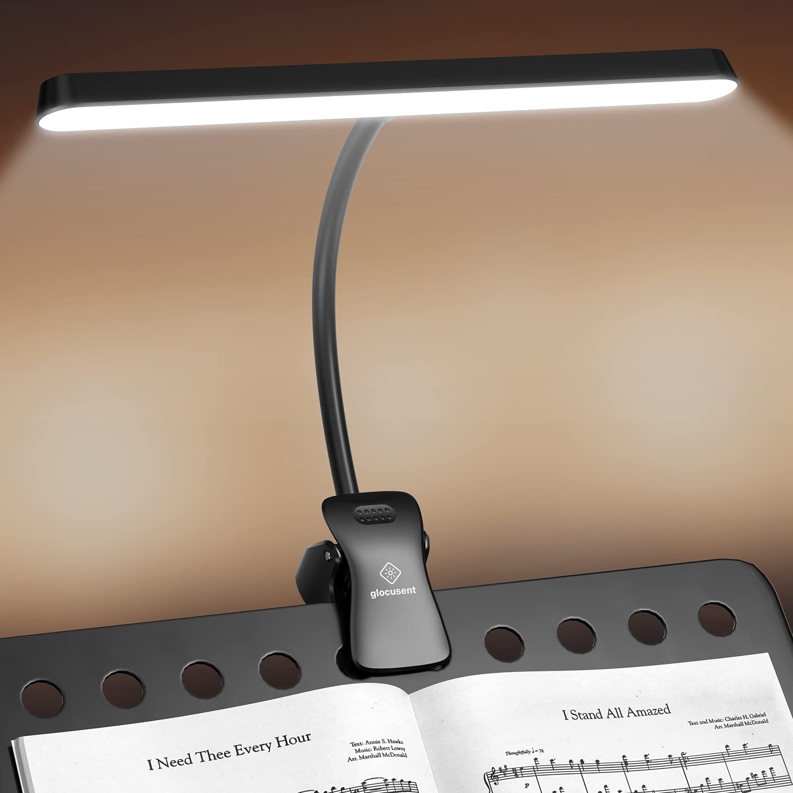 Glocusent Super Bright Eye-Caring Music Stand Light, Clip-on Piano Lamp with 3 Colors & 5 Brightness Levels, 57 LEDs, USB-C Rech