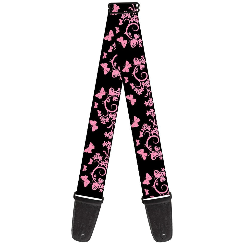 Buckle-Down Guitar Strap Butterfly Garden Black Pink 2 Inches Wide (Gs-W30233)