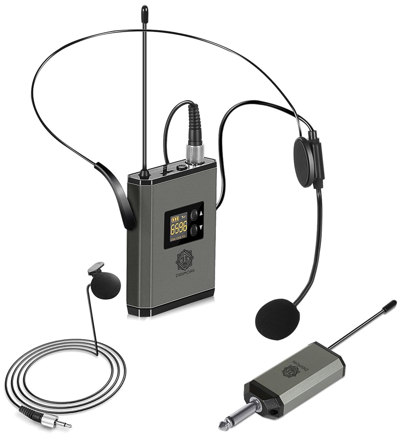 Digimore Uhf Wireless Headset Microphone/Lavalier Lapel Mic With Transmitter And Mini Rechargeable Receiver 1/4(6.35Mm) Output F