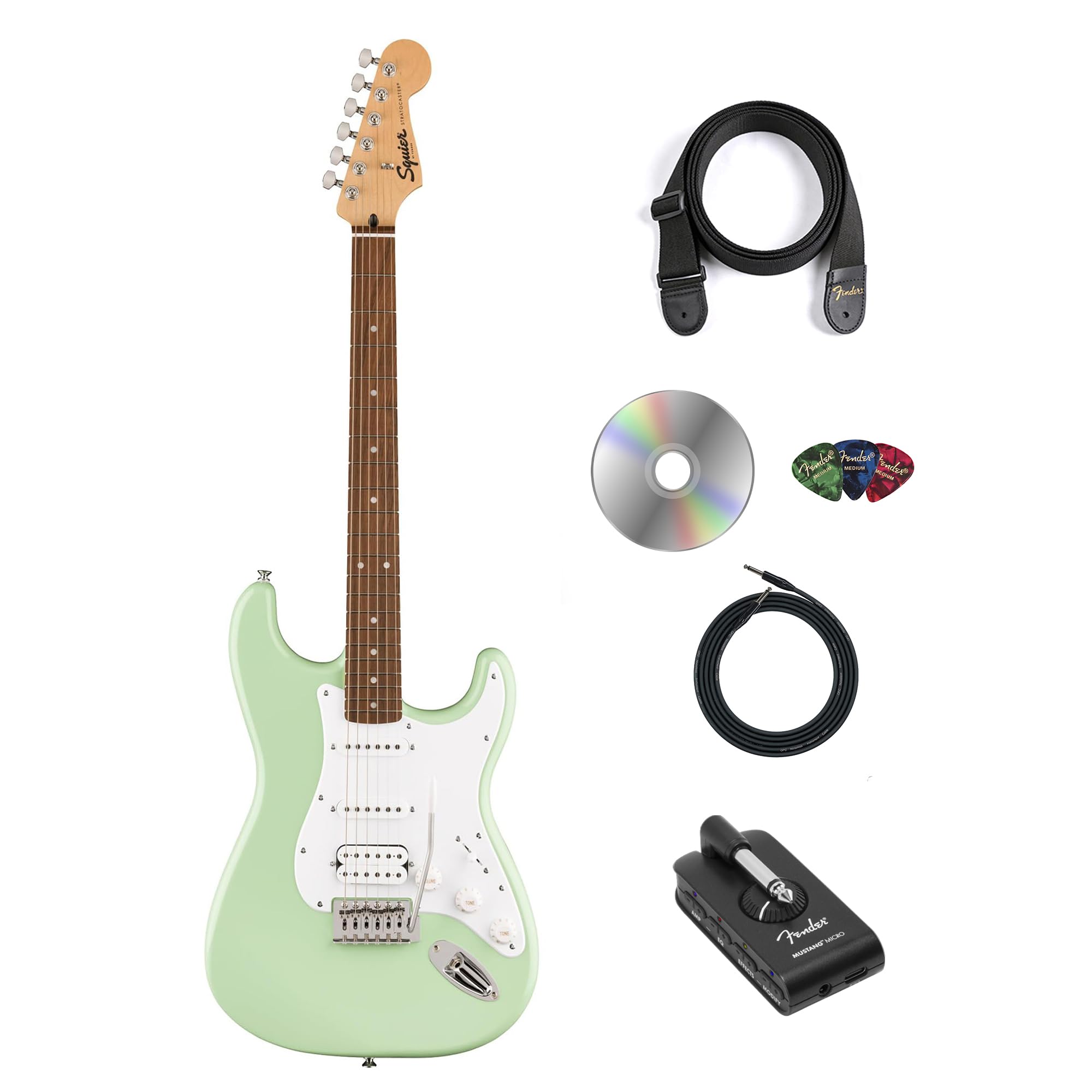 Fender Squier Sonic Stratocaster HSS - Surf Green Bundle with Fender Mustang Micro Headphone Amp, Cable, Strap, Picks, and Austi