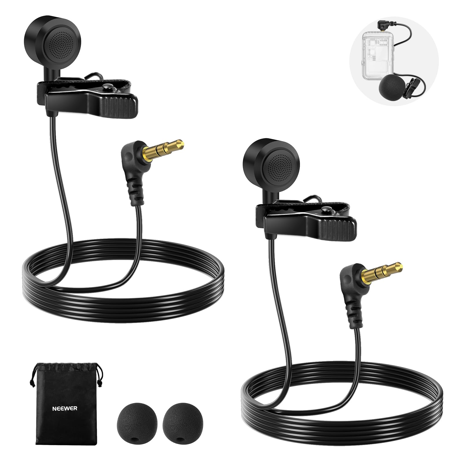 NEEWER 9.7mm Lavalier Microphone (2 Pack), 3.5mm TRS Clip On Lapel Wired Omnidirectional Condenser Lav Mic with 1.5m Cable & Win