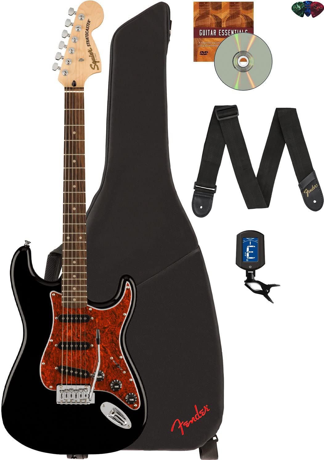 Fender Squier Affinity Stratocaster - Limited Edition Black, Tortoise Shell Pickguard Bundle With Gig Bag, Tuner, Strap, Picks,
