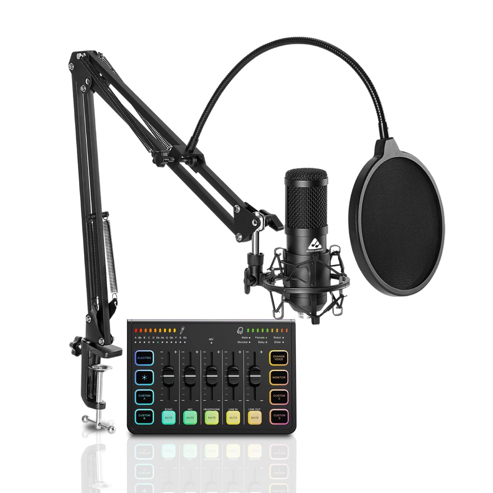 Audio Array Streaming Bundle Kit | Usb Condenser Mic & Rgb Sound Card With Phantom Power, Voice Effects, Real-Time Monitoring | 