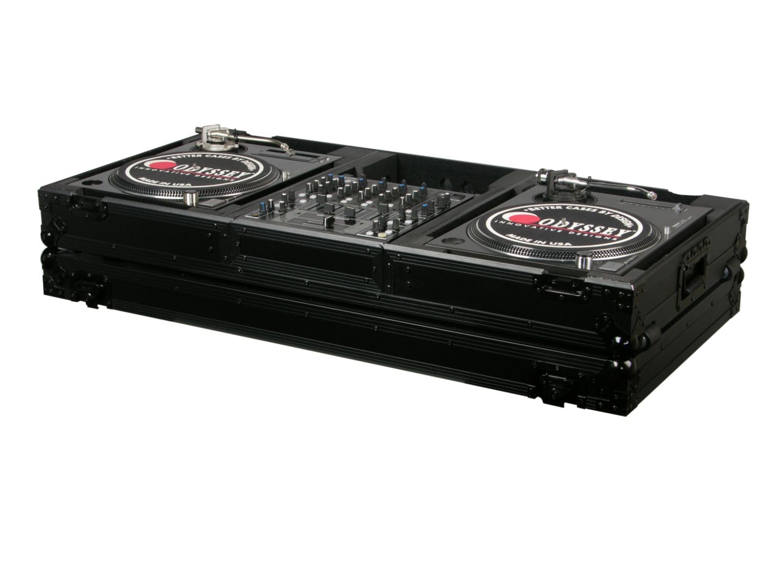 Odyssey Black 12 Format DJ Mixer and Two Battle Position Turntables Flight Coffin Case