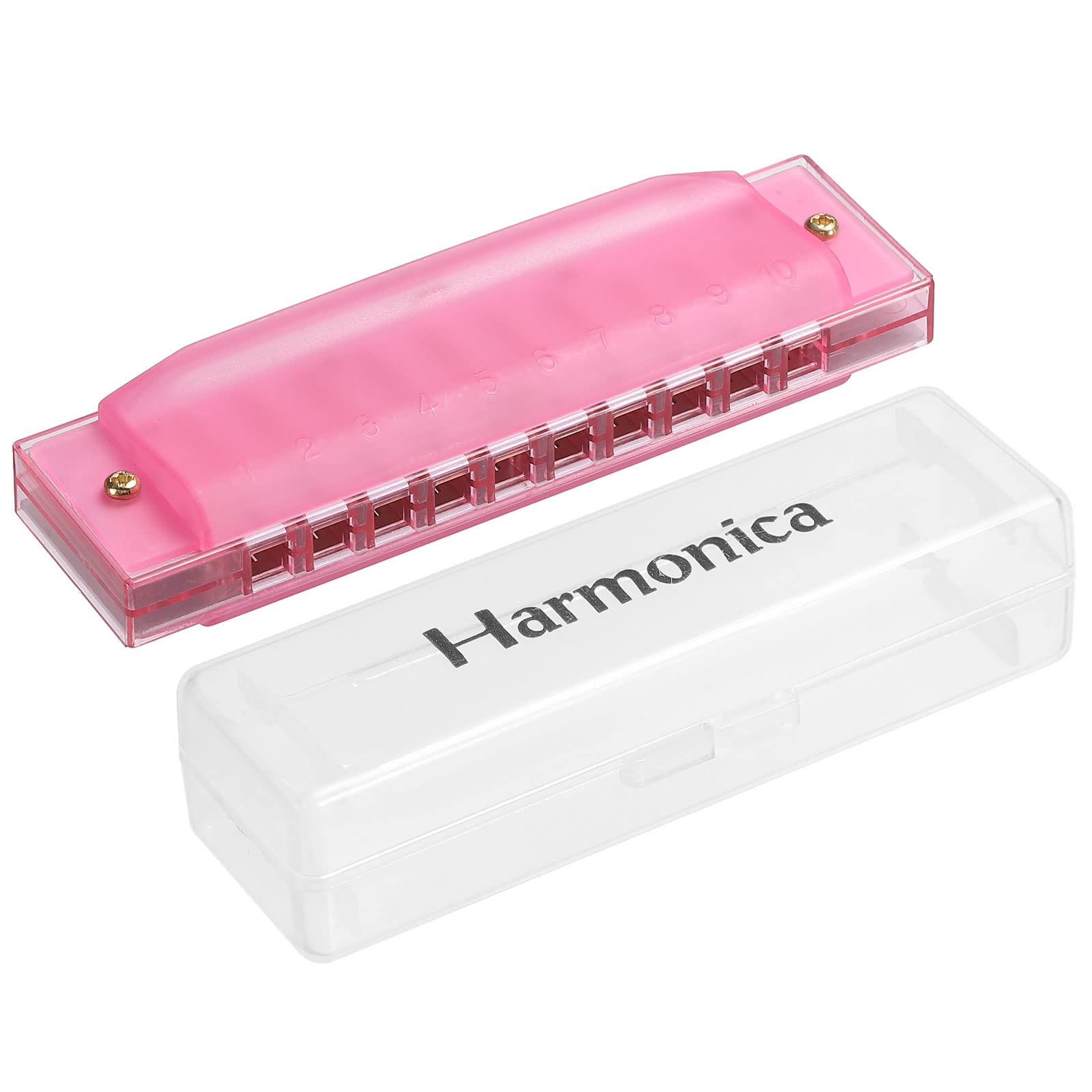 Patikil Clearly Colorful Translucent Harmonica 10 Holes Pink Abs Harp Mouth With Pvc Box For Educational Musical Instruments Beg