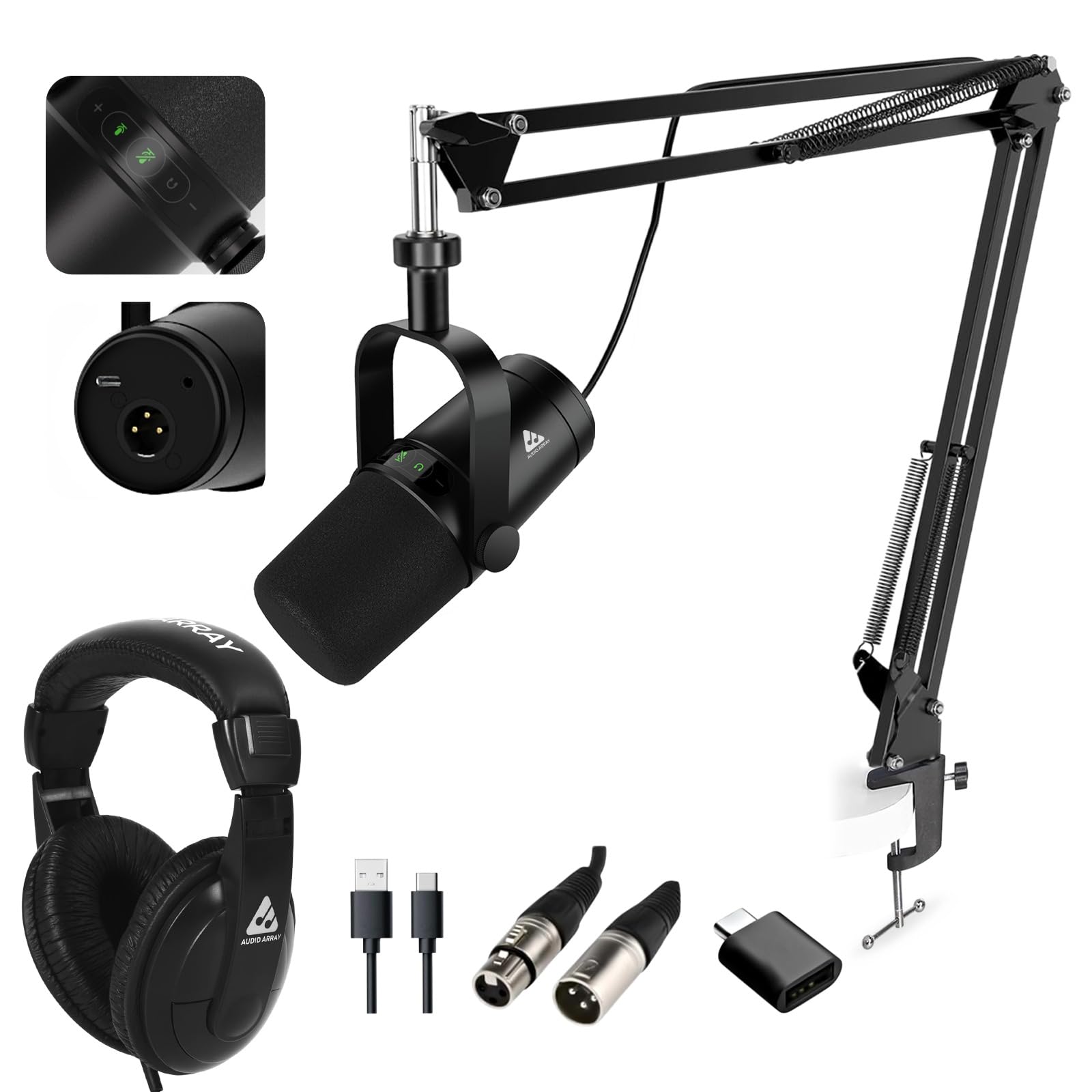 Audio Array Professional Dynamic Studio Bundle With Headphones - Usb/Xlr Dynamic Microphone, Boom Arm, Monitoring Headphones | 2