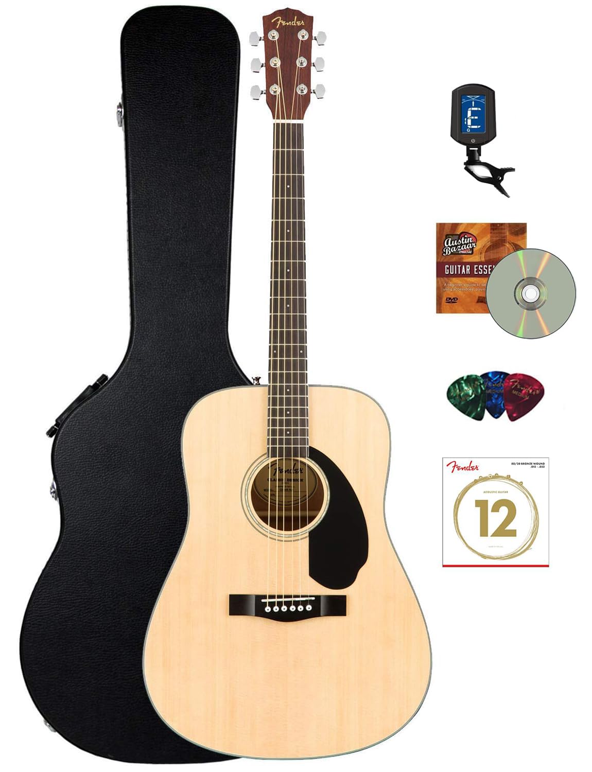 Fender Cd-60S Acoustic Guitar - Natural Bundle With Hard Case, Tuner, Strap, Strings, Picks, Online Lessons, And Austin Bazaar I