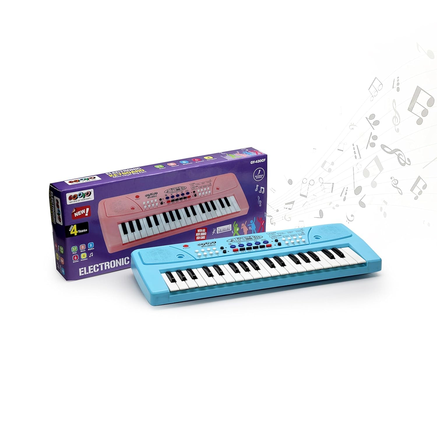 Gy-430Cf Electronic Piano Keyboard, 37 Keys, Blue, With Microphone And Usb, 8 Rhythms And Tones, Recording Function, 43 X 15 X 5