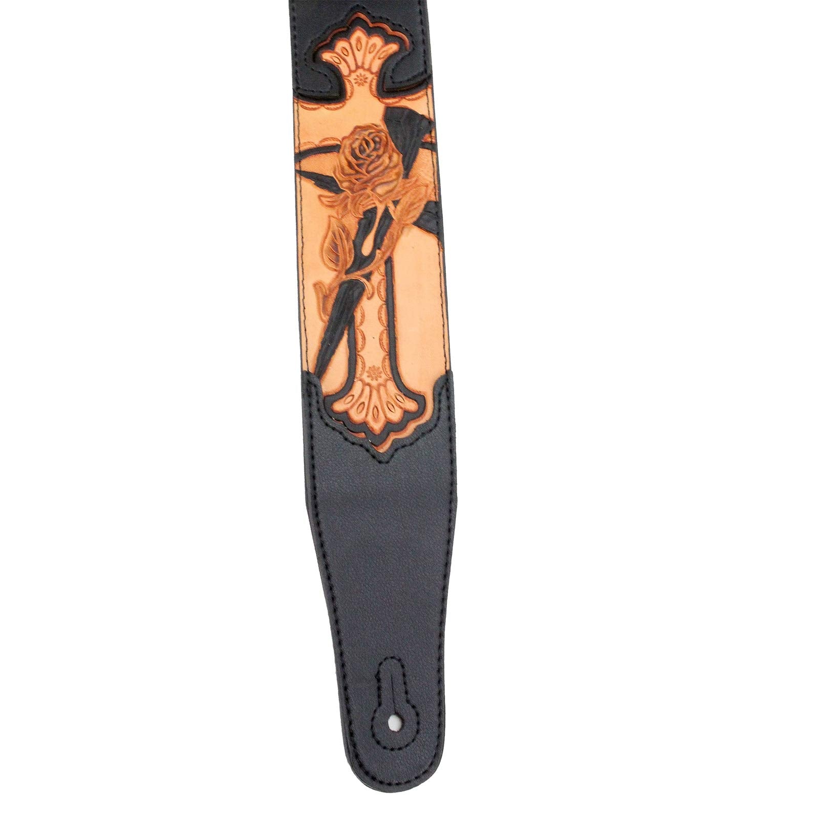 Walker & Williams CVG-21 Black Padded Leather Guitar Strap Hand Tooled Christian Rose & Cross For Acoustic, Electric, And Bass G