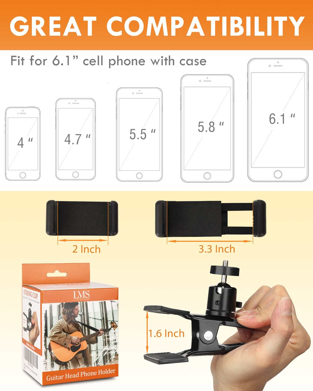 LMS Guitar Head Phone Holder Cell Phone Stand Clamp Phone Mount with 1/4 Ball Head Adapter Universal Guitar Head Clip for Bass U