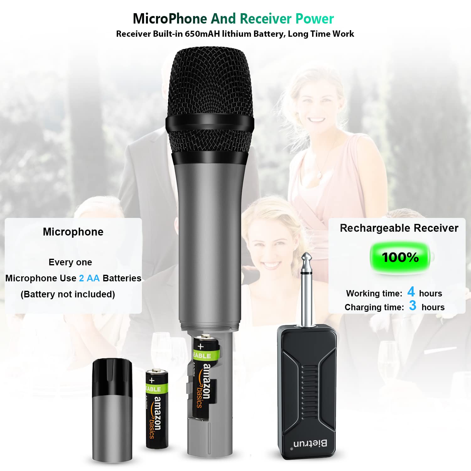 Bietrun Wireless Microphone Only for Mic Input, UHF Metal Dynamic Handheld Multipurpose Mic with Rechargeable Receiver (Work 4hs