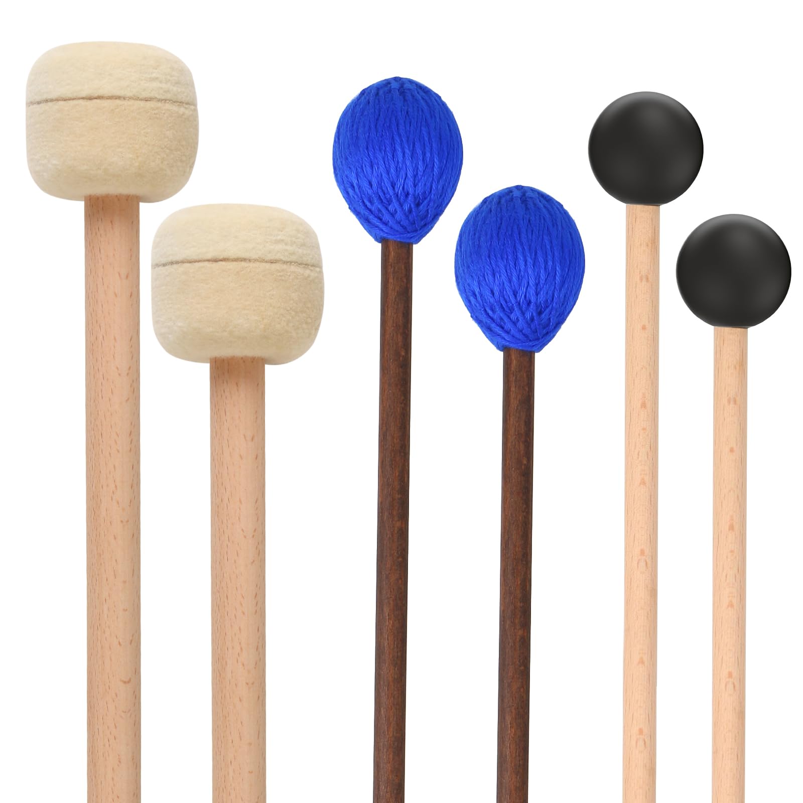 3 Pairs Blue Hard Yarn Head Keyboard Marimba Mallets,Black Rubber Bell Mallets,Felt Head Timpani Mallet,Bass Drum Stick Glockens