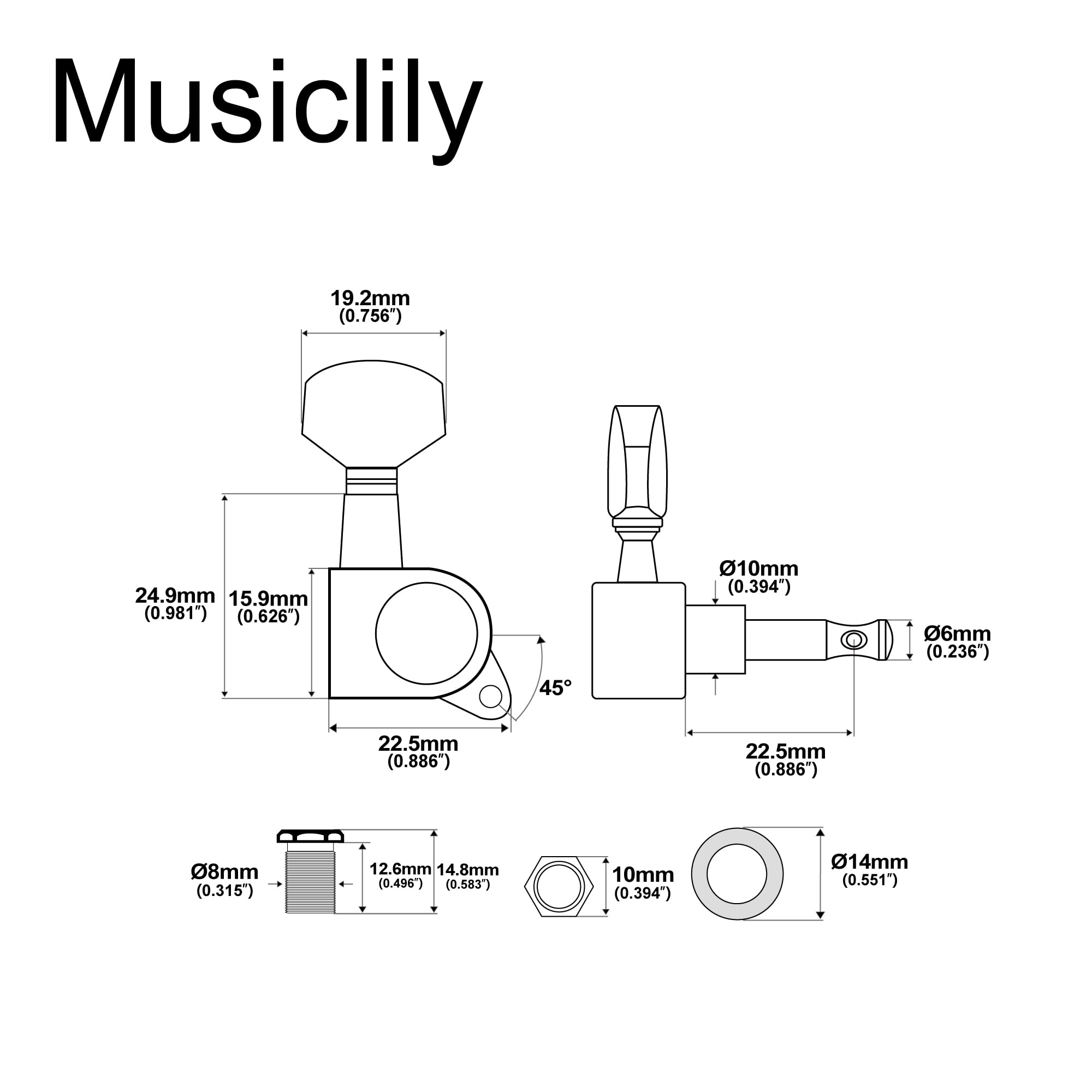 Musiclily Pro 6 inline Sealed Guitar Tuners Tuning Pegs Keys Machines Heads for Fender Stratocaster Strat or Telecaster Tele Sty