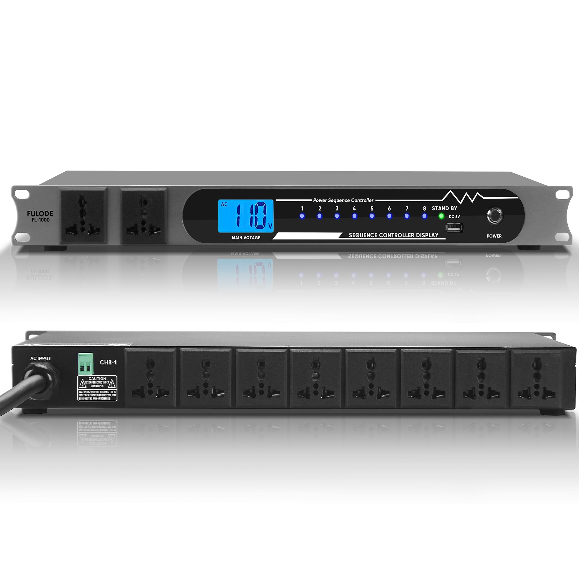 FULODE 2000W 10 Socket Sequential Rack Professional Audio Power Conditioning ,Digital Voltmeter, USB, Surge Protector for Home T