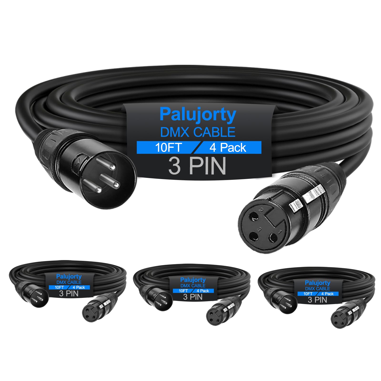 10 FT 3 Pin DMX Lighting Cable 4 Pack, Palujorty Coiled DMX Cable with hook and loop for DJ Lighting and DMX Control
