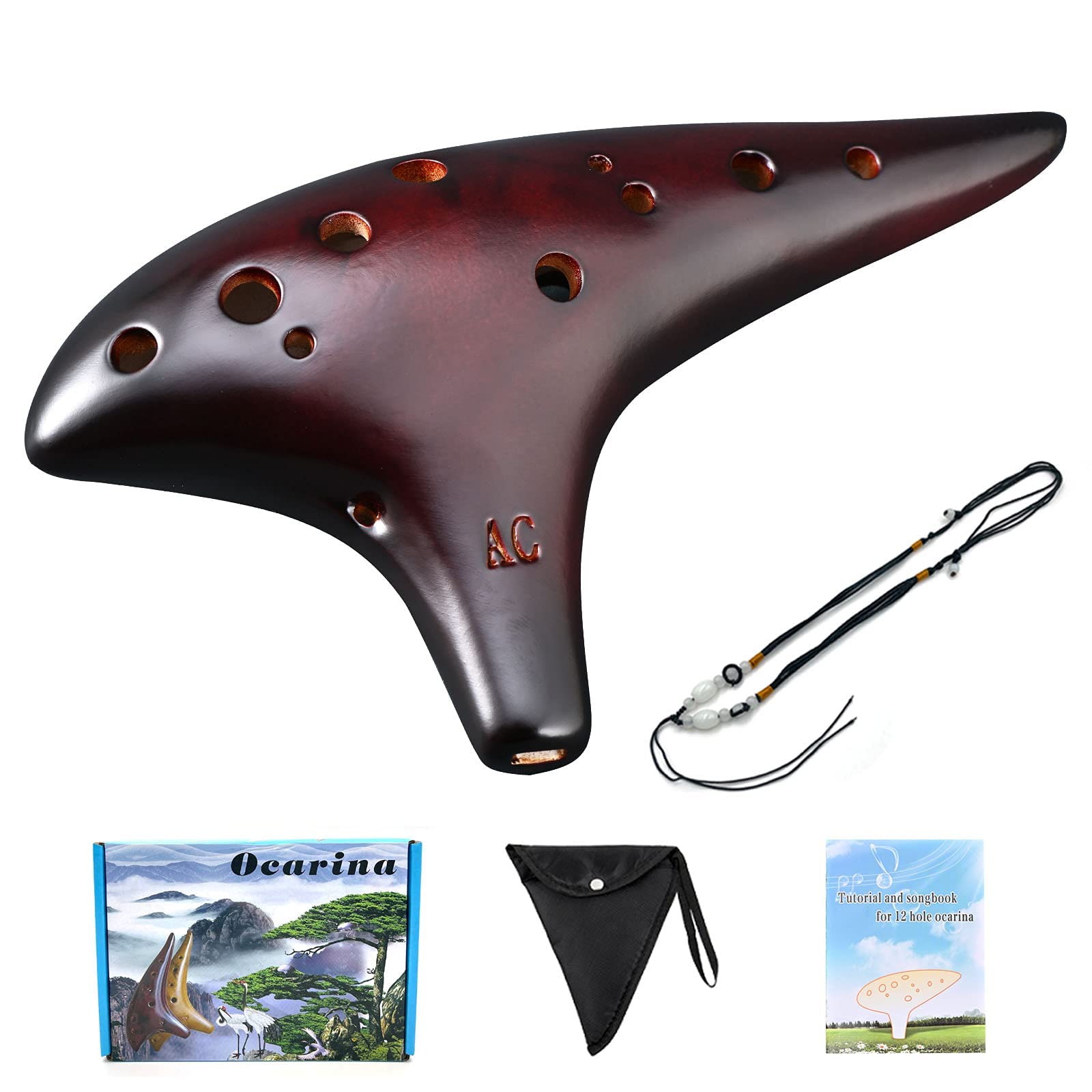 Ocarina 12 Hole Alto C Straw Smoked Ceramic Piccolo,Musical Instrument for Adults with Songbook Neck Strap Bag