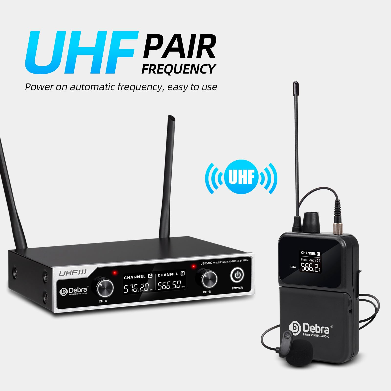 Wireless Microphone System D Debra UHF UBR-102 with Cordless Handheld Lavalier Headset Mics, 260ft Range, Suitable for Church, L