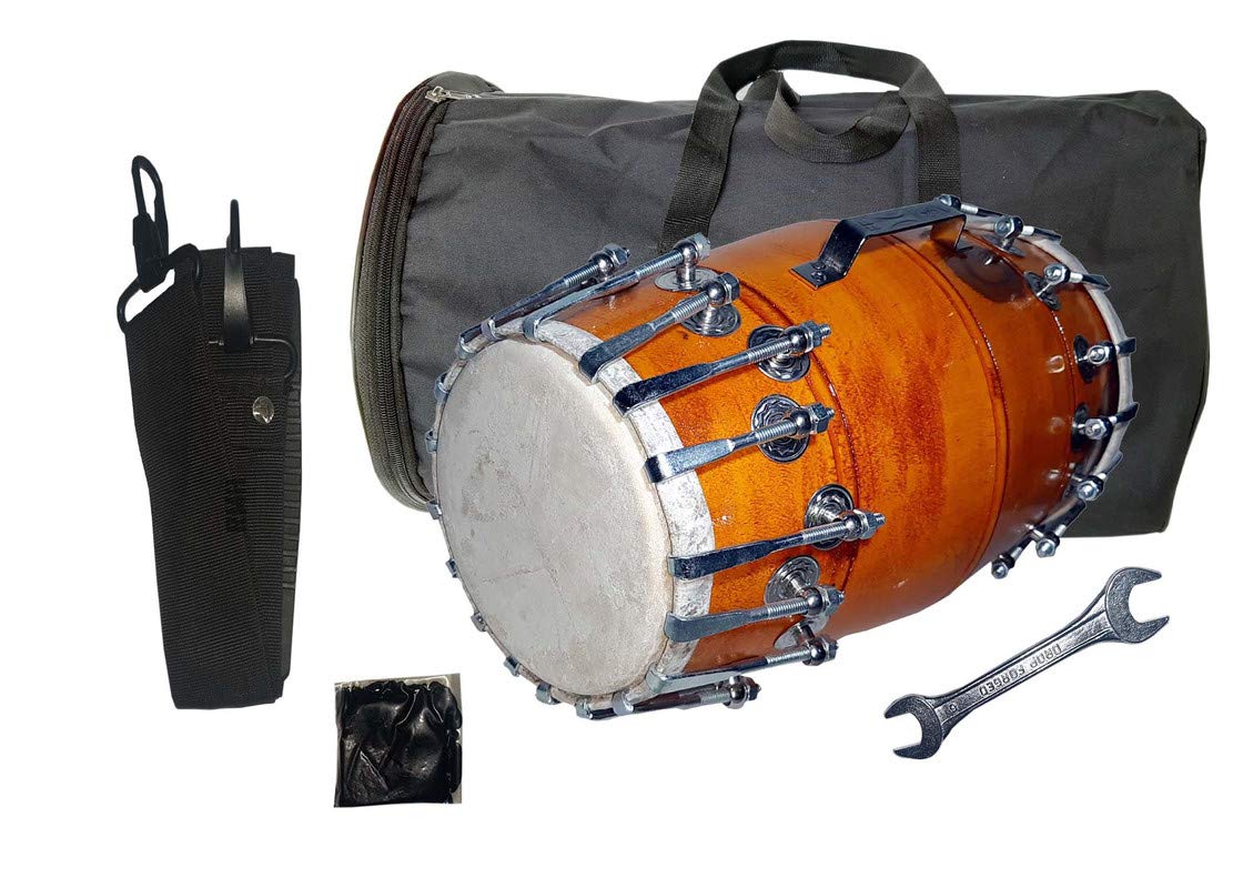 Gt Manufacturers Wood Dholak Musical Instrument Drum Nuts N Bolt With Tool Kit (Orange)