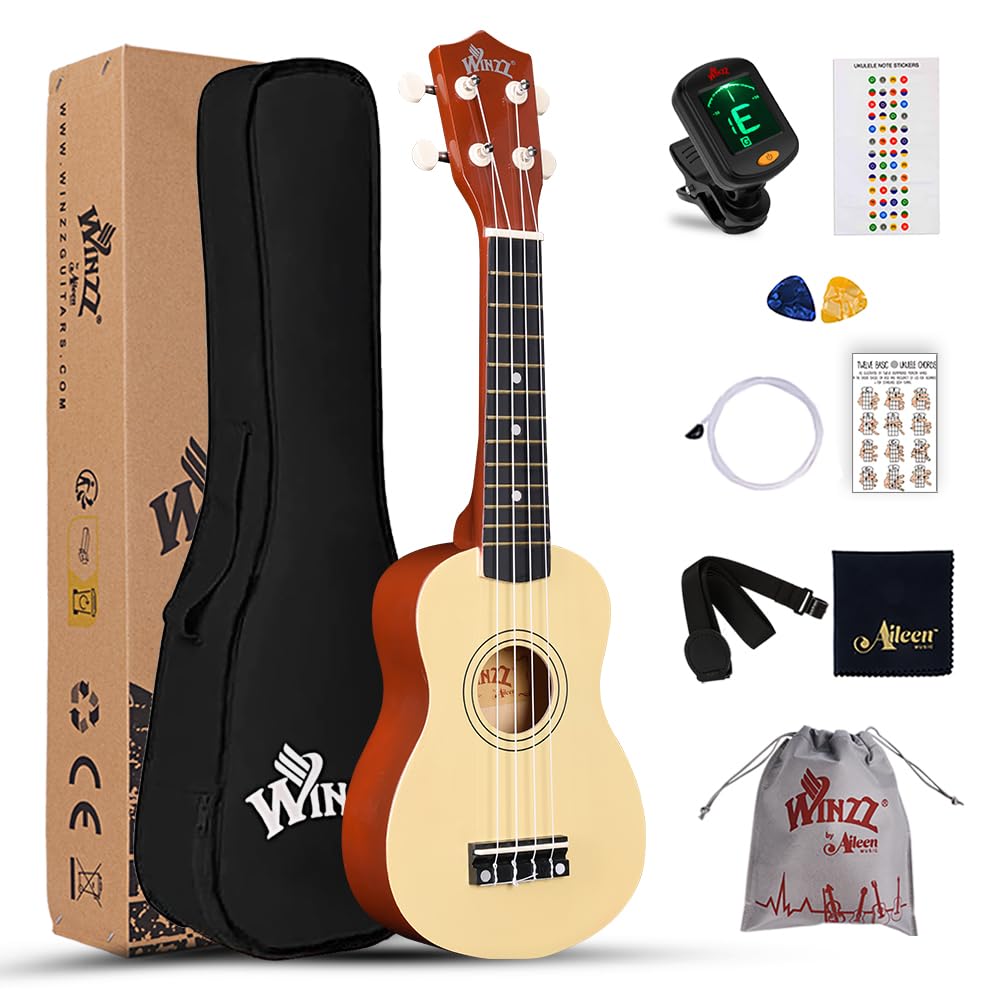 Winzz Ukulele for Kids 21 inch, Soprano Ukulele for Adults Beginner, Children Starter Kit with 9 Accessories (Natural)