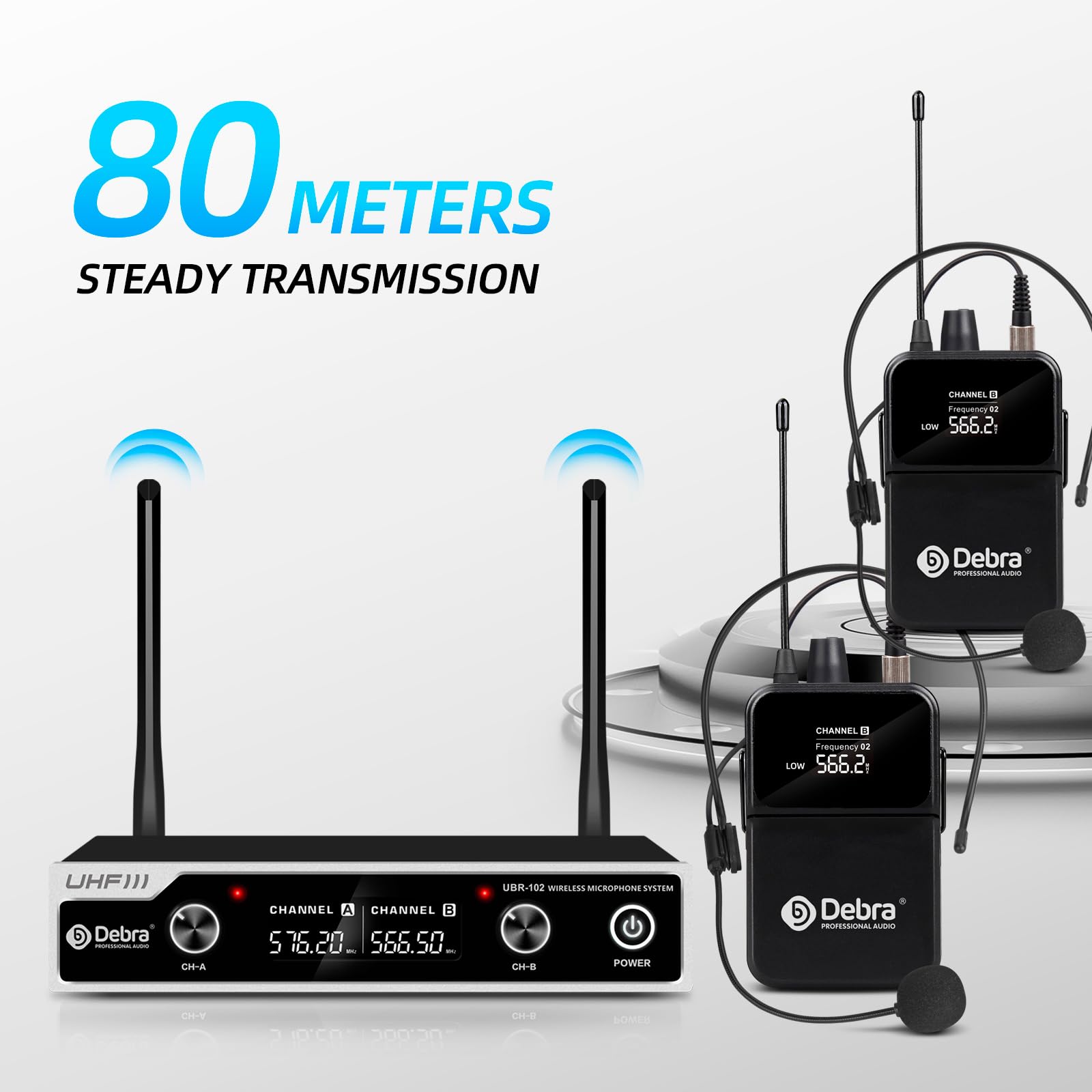 Wireless Microphone System D Debra UHF UBR-102 with Cordless Handheld Lavalier Headset Mics, 260ft Range, Suitable for Church, L