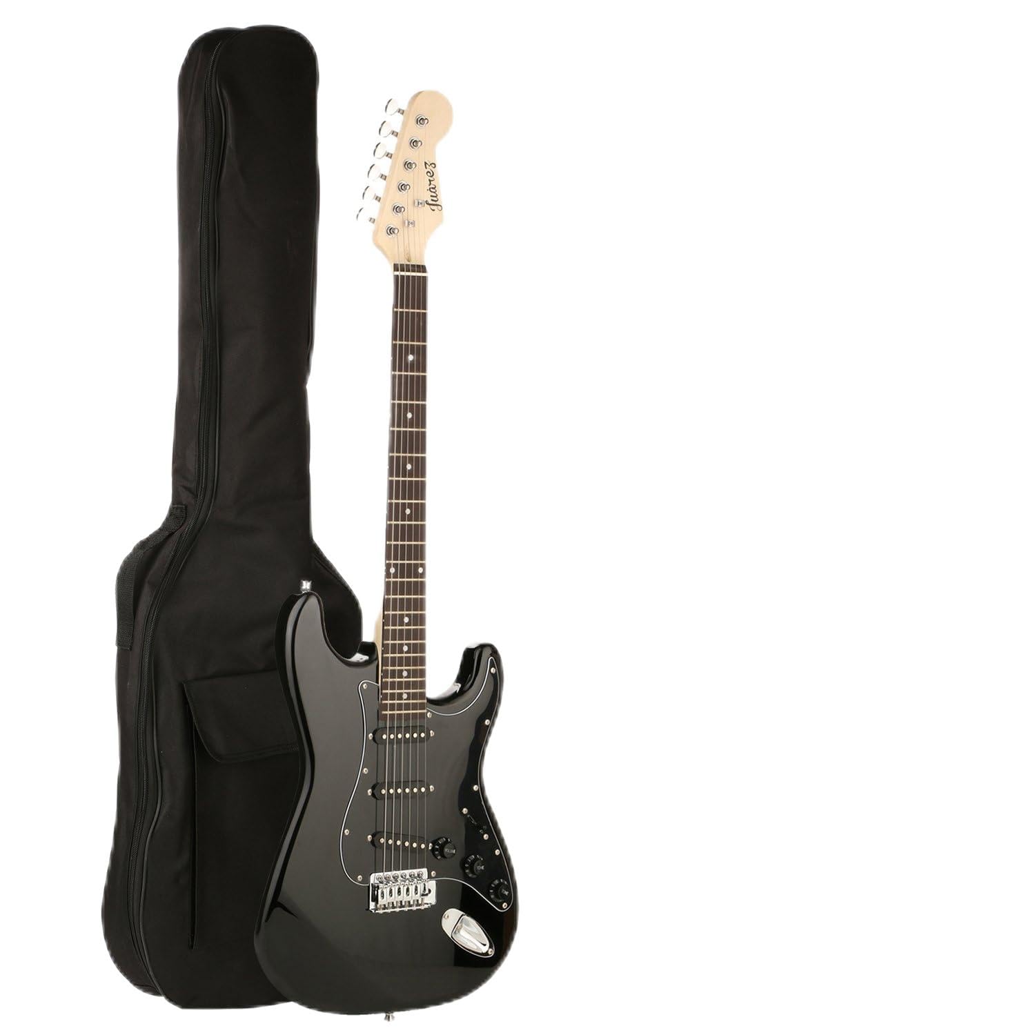 Juarez JRZ-ST01 38 Inches Wood 6-String Electric Guitar, Right Handed, Full Black, With Case/Bag And Picks (Black)