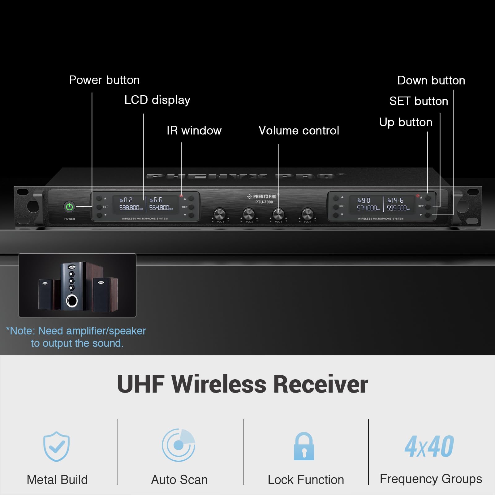 Phenyx Pro Wireless Microphone System, Quad Channel Wireless Mic, w/ 4x40 UHF Frequencies, Auto Scan, 328ft Long Range, 4 Handhe