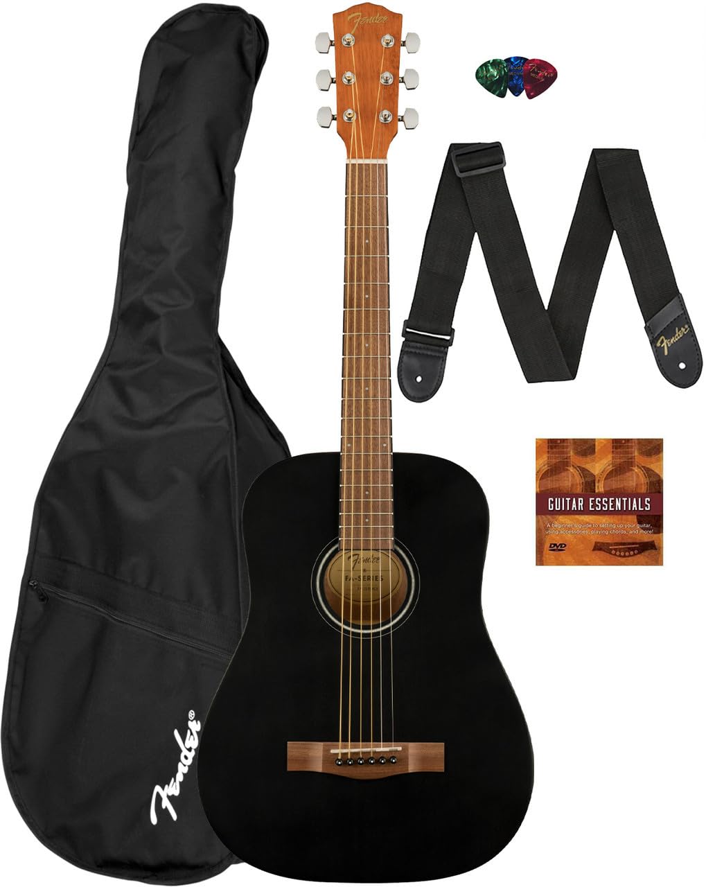 Fender FA-15 3/4-Scale Kids Steel String Acoustic Guitar - Black Learn-to-Play Bundle with Gig Bag, Strap, Picks, and Austin Baz