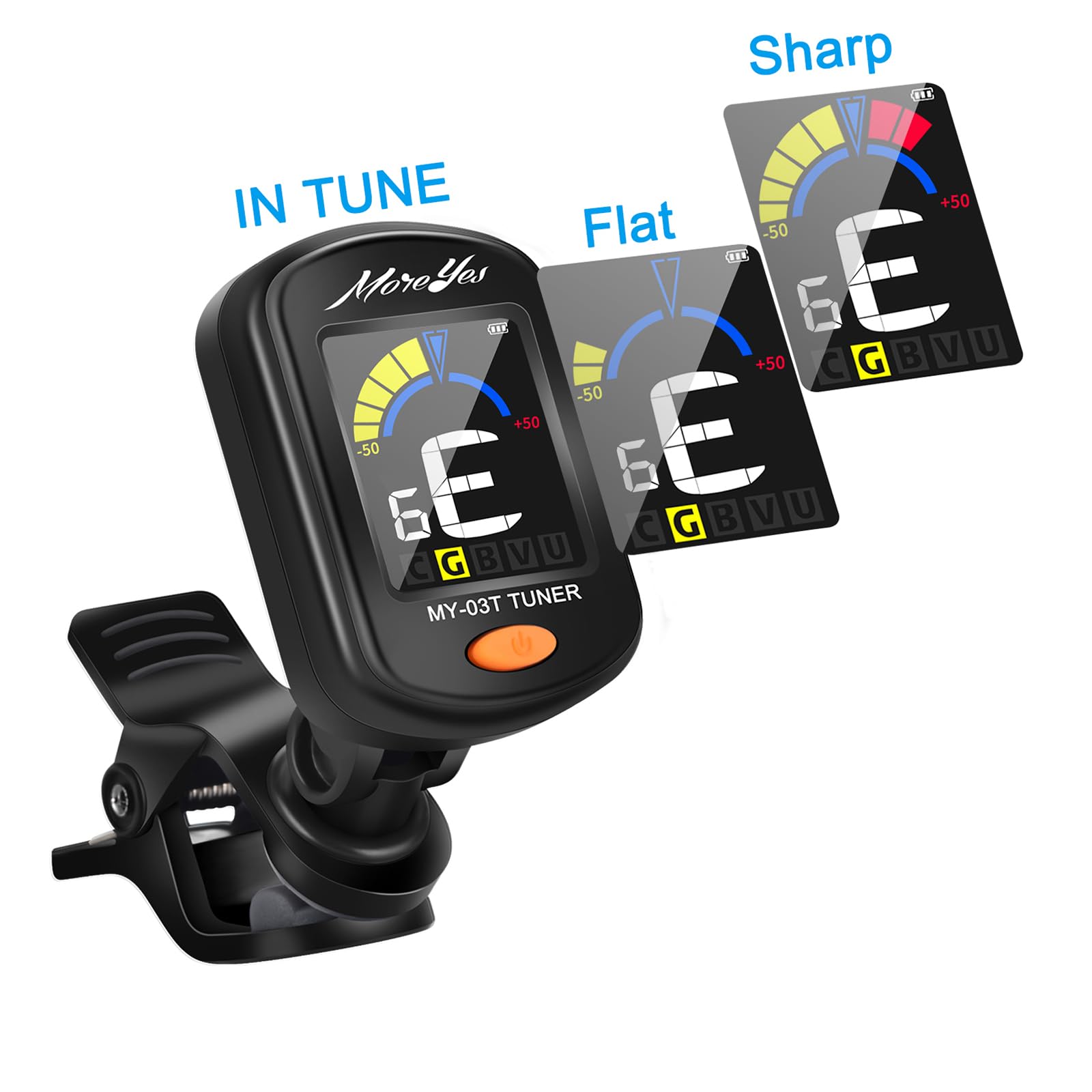 MOREYES Rechargeable Guitar Tuner Clip On with 28Pcs Guitar Picks, Guitar Tuner for Acoustic Guitar, Electric Guitar, Bass, Ukul