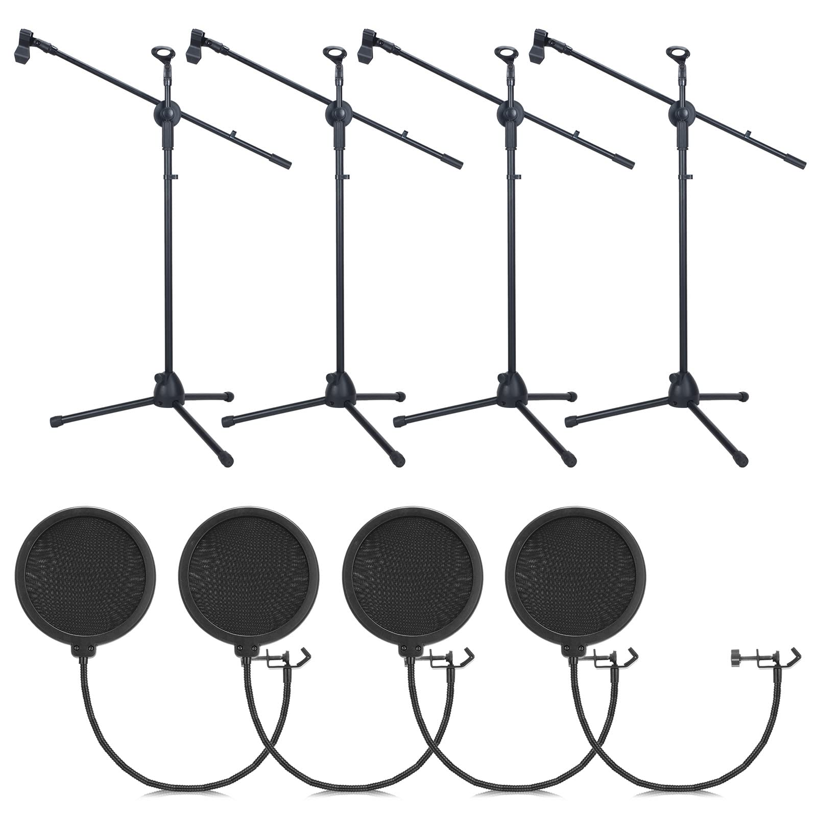 4 Pcs Tripod Microphone Stand Adjustable Boom Height Mic Stand With Mic Clip And Windscreen For Live Stream, Singing, Stage Perf