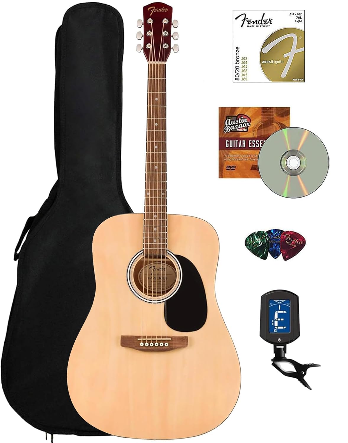 Fender Dreadnought Acoustic Guitar - Natural Bundle With Gig Bag, Tuner, Strings, Picks, Fender Play Online Lessons, And Austin