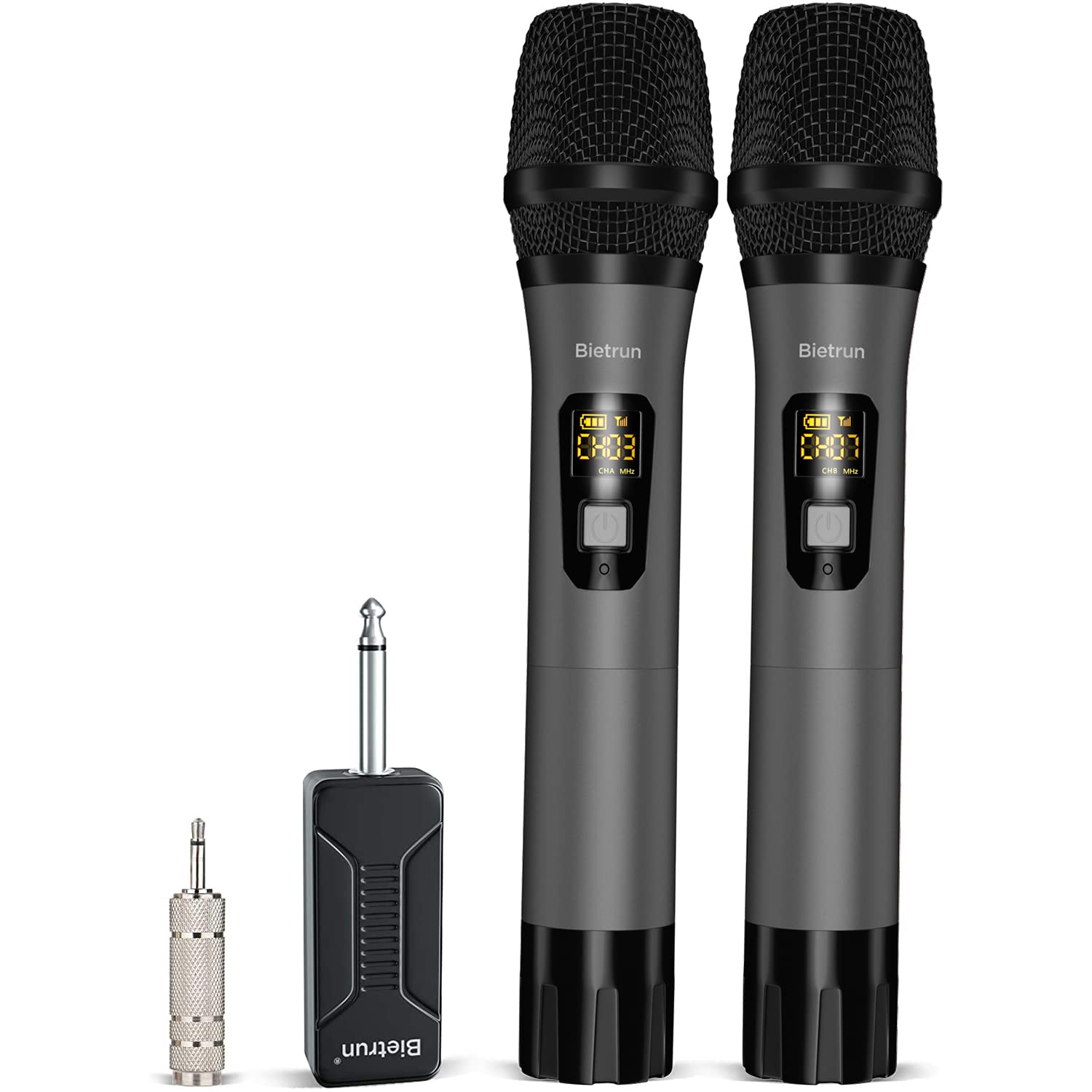 Wireless Microphone, Bietrun Uhf Metal Dual Handheld Cordless Dynamic Mic System With Rechargeable Receiver, 1/4Output, For Kara