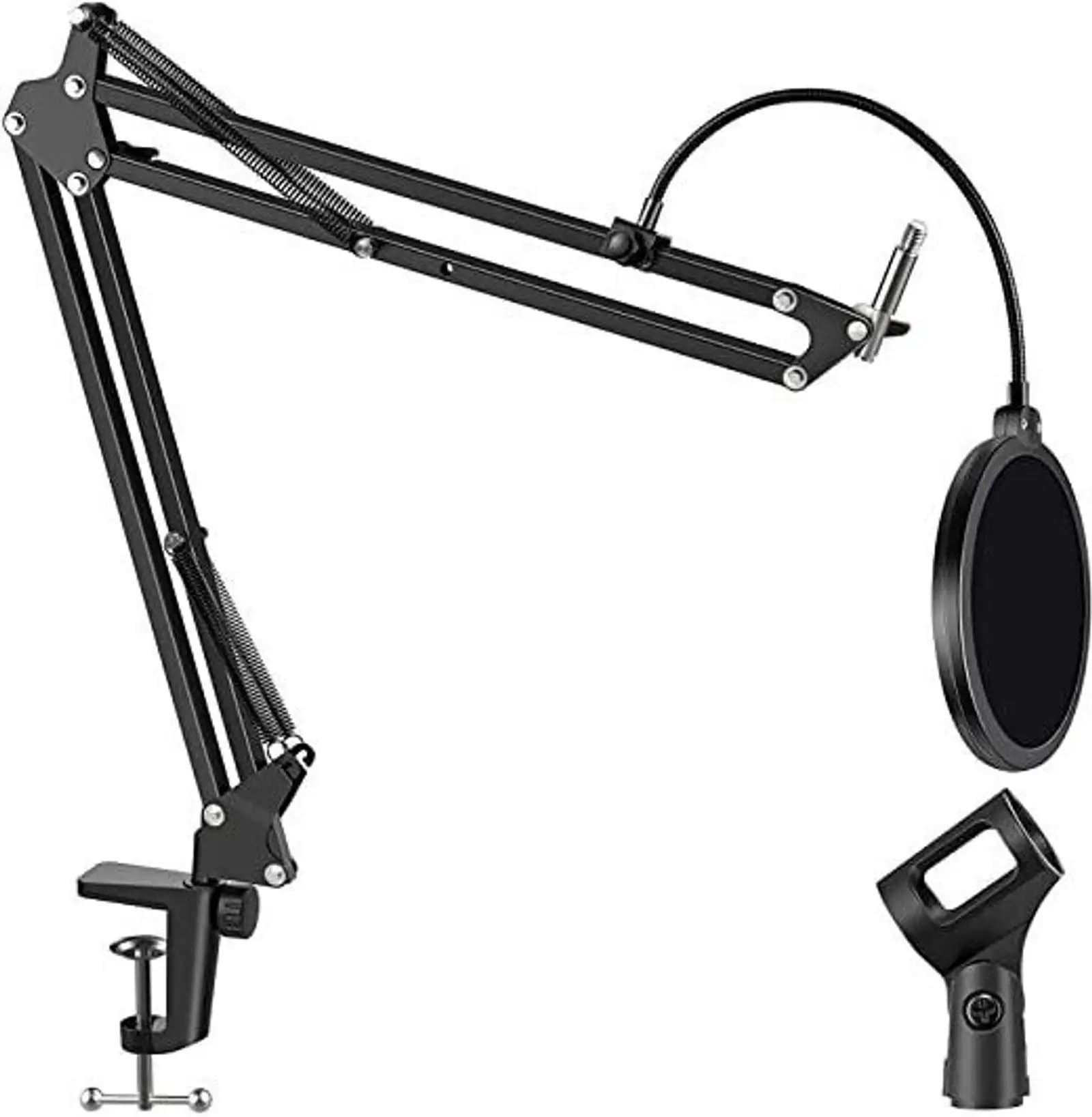 Adjustable Microphone Boom Arm Stand With Pop Filter, Desk Clamp Mount, Black, Includes Mic Clip