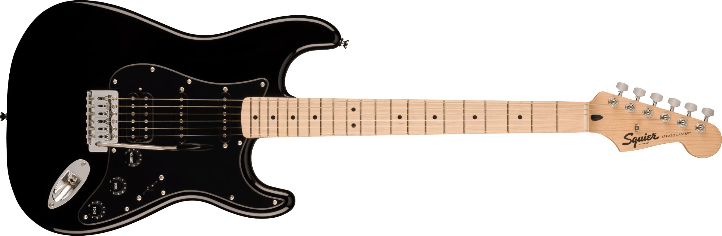 Squire Sonic Stratocaster Electric Guitar, Black, Maple Fingerboard, Black Pickguard