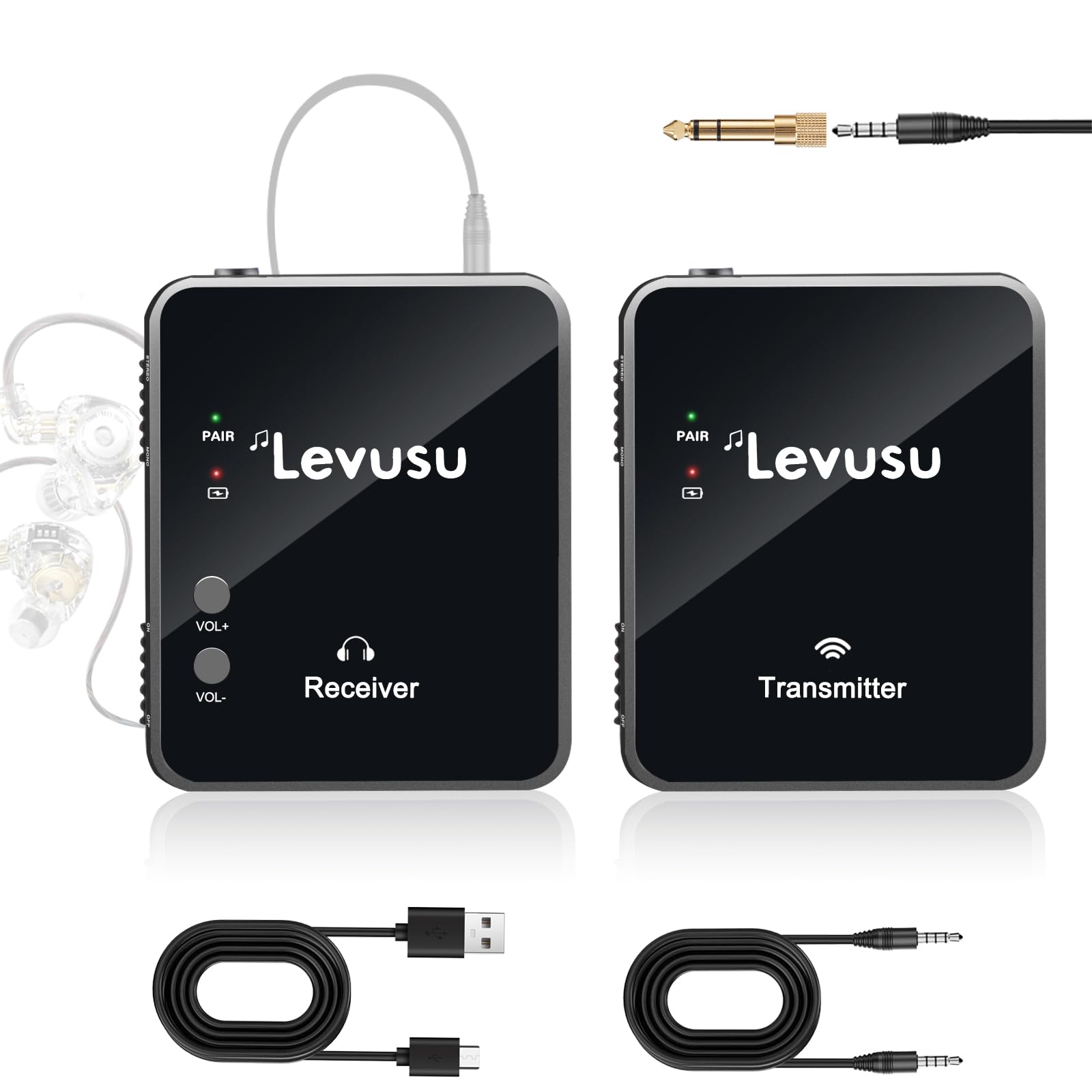 Levusu 2.4G Wireless in-Ear Monitor System, Stereo Wireless IEM System with Transmitter Beltpack Receiver Automatic Pairing, for