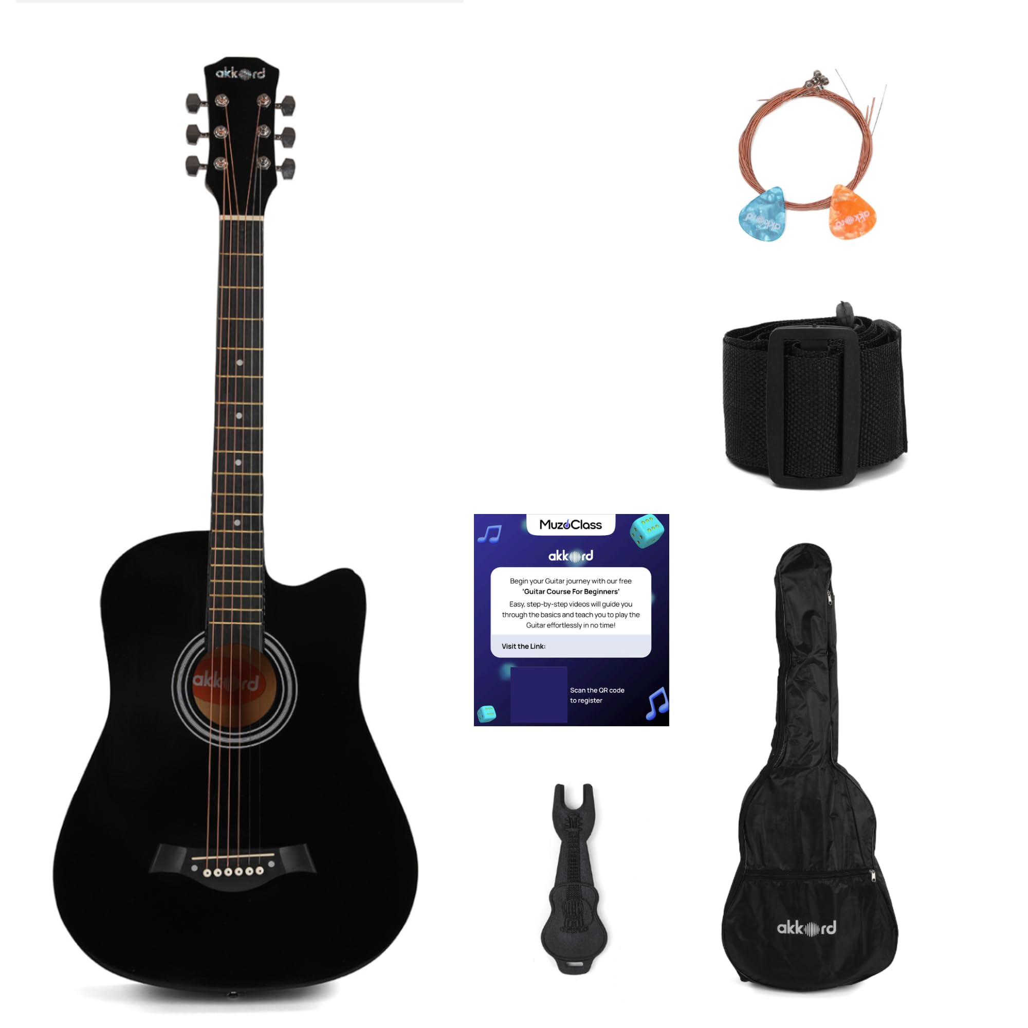 Akkord Basswood 38 Inch Acoustic Cutaway Guitar Kit With Gigbag, Strings, Picks, Strap And Key - Glossy Black | Complete Guitar 