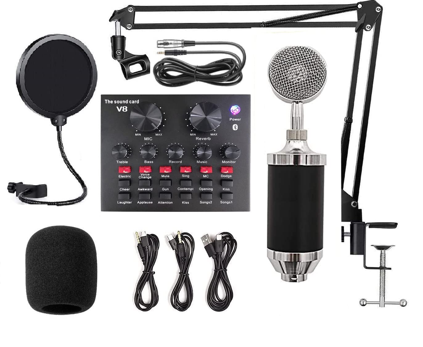 Cezo Bm 3000 Condenser Microphone All Set With V8 Sound Card, Boom Arm Stand, Pop Shield Recording Studio Equipment Full Set Wit