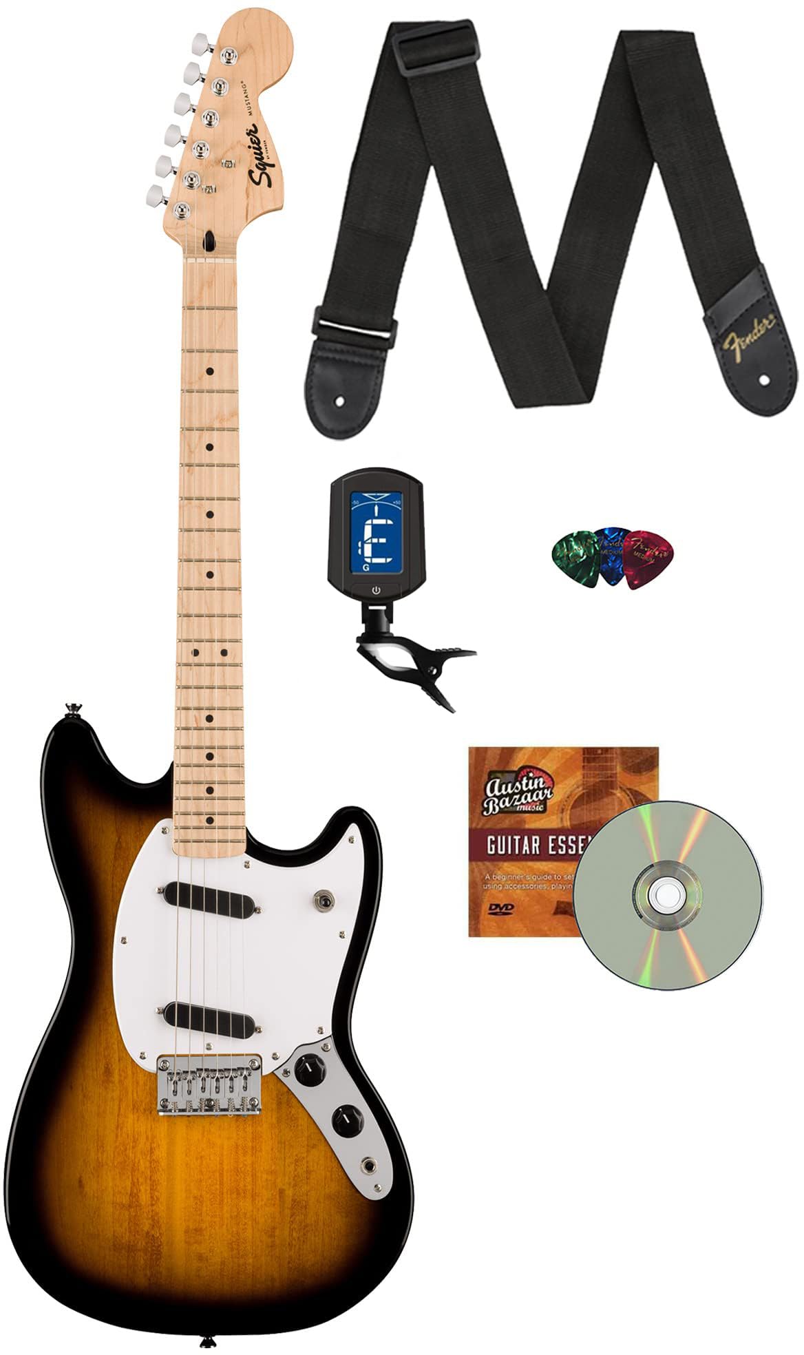 Fender Squier Sonic Mustang, Maple Fingerboard, Ss Electric Guitar Bundle With Fender Tuner, Guitar Strap, Picks, And Austin Baz