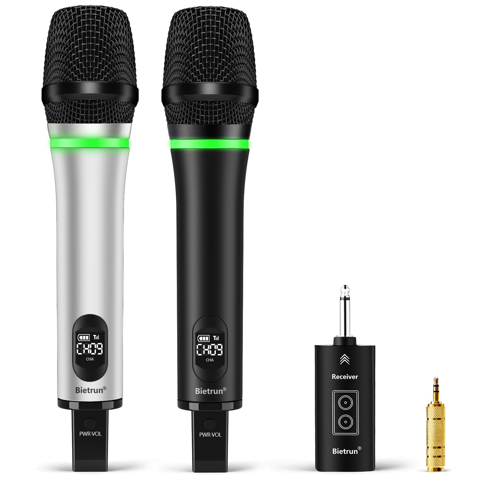 Bietrun Rechargeable Wireless Microphone,Dual Metal Cordless Handheld Dynamic Wireless Mics With Bluetooth, Uhf 240Ft Range For