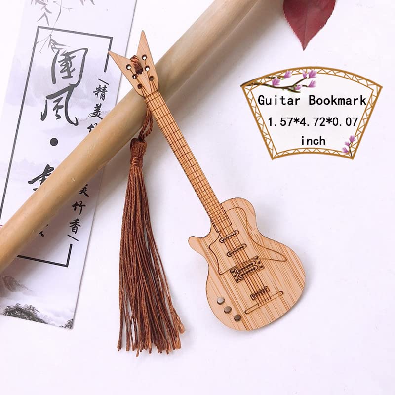 Bamboo Guitar Bookmark with Tassel Bass Bookmarks for Men Women Book Lovers Bass Guitar Band Gifts for Men Women Book Marks Acce