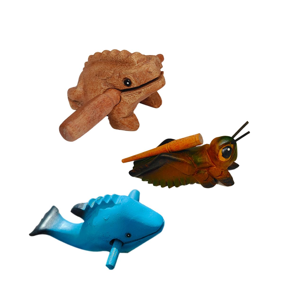 3Pcs Wooden Percussion Set,4?Natural Wood Guiro Rasp Frog, Cricket & Dolphin Musical Instruments - Artistic Craft & Unique Gift