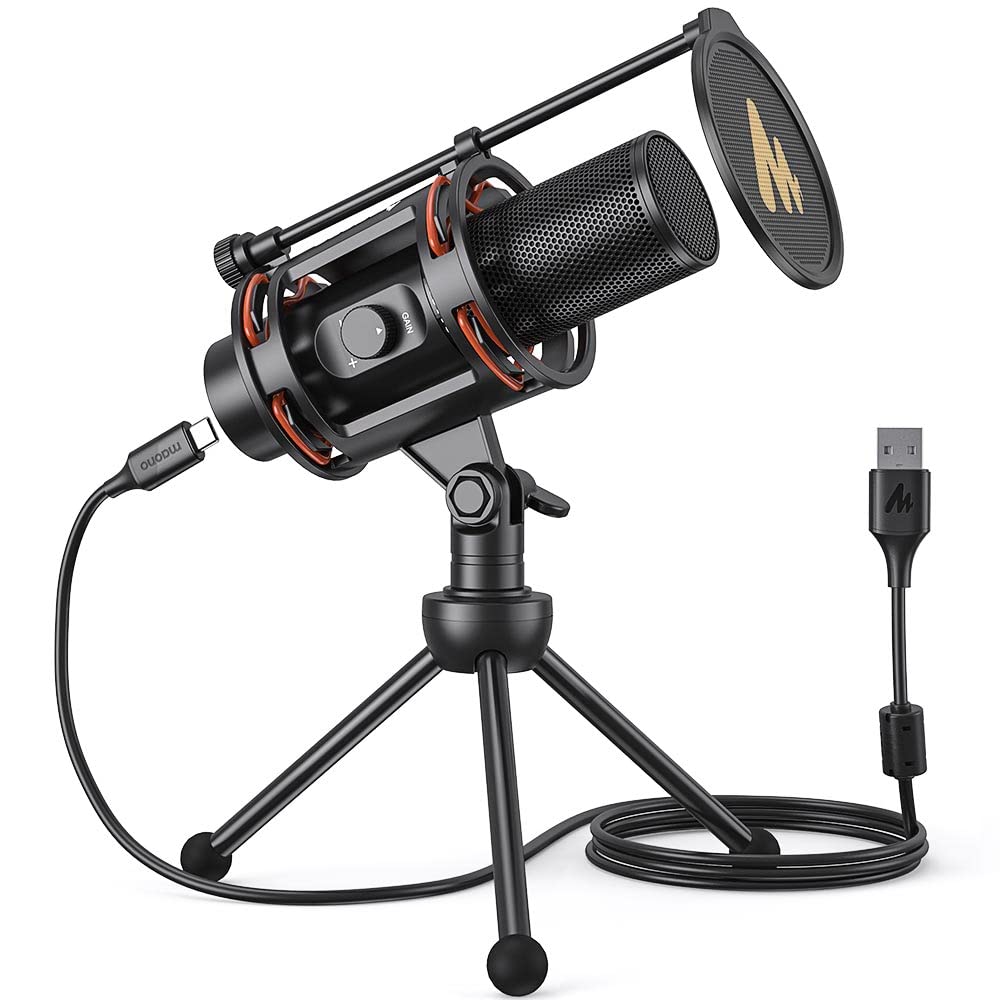 MAONO AU-PM471TS Condenser USB Microphone for PC, with Metal Pop Filter, Tripod, Gain Knob & 0-Latency Monitoring for YouTube, P