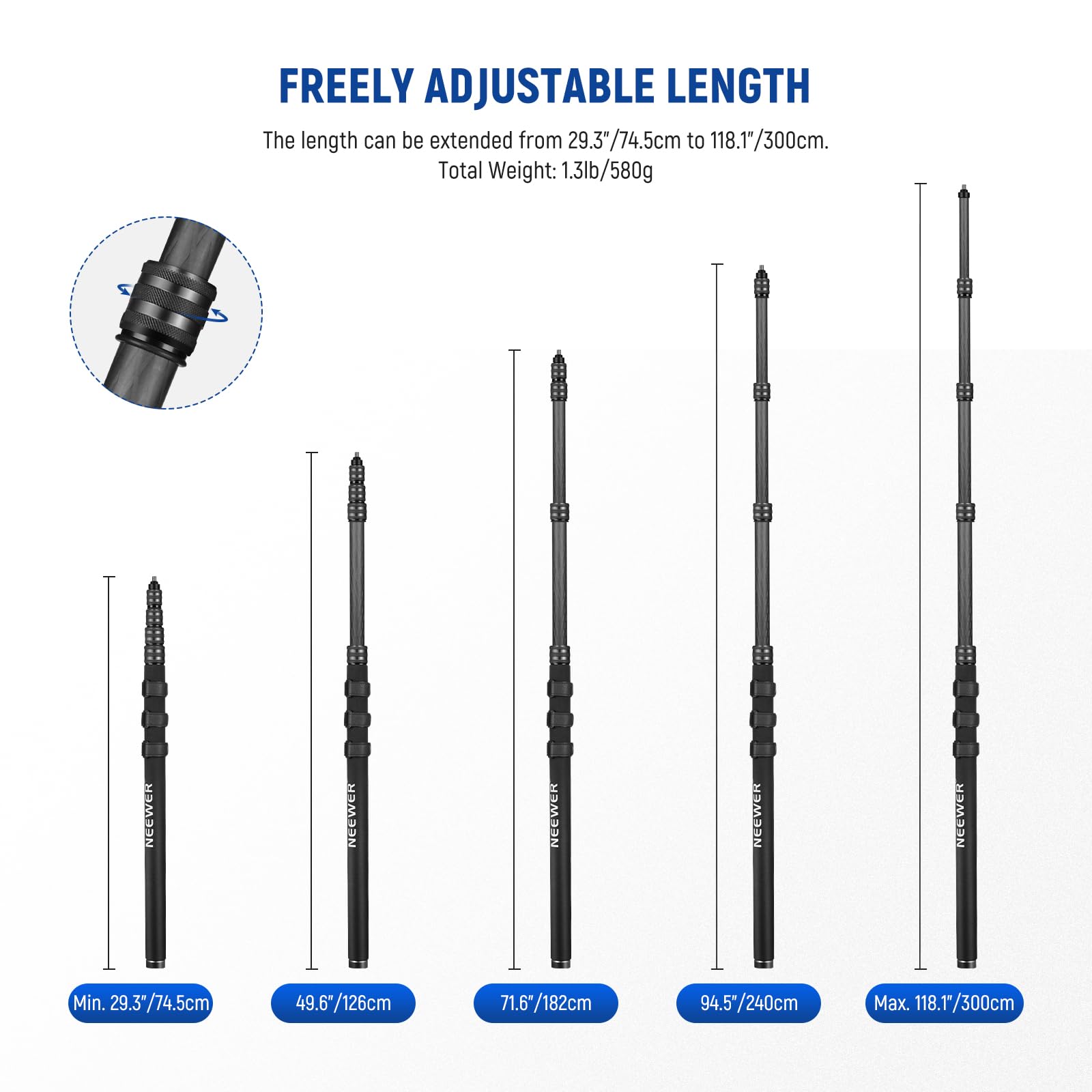 NEEWER Upgraded Microphone Boom Pole, 9.8ft/300cm Telescopic Carbon Fiber Mic Boom Arm with 5 Sections, 1/4'' 3/8'' 5/8'' Screw