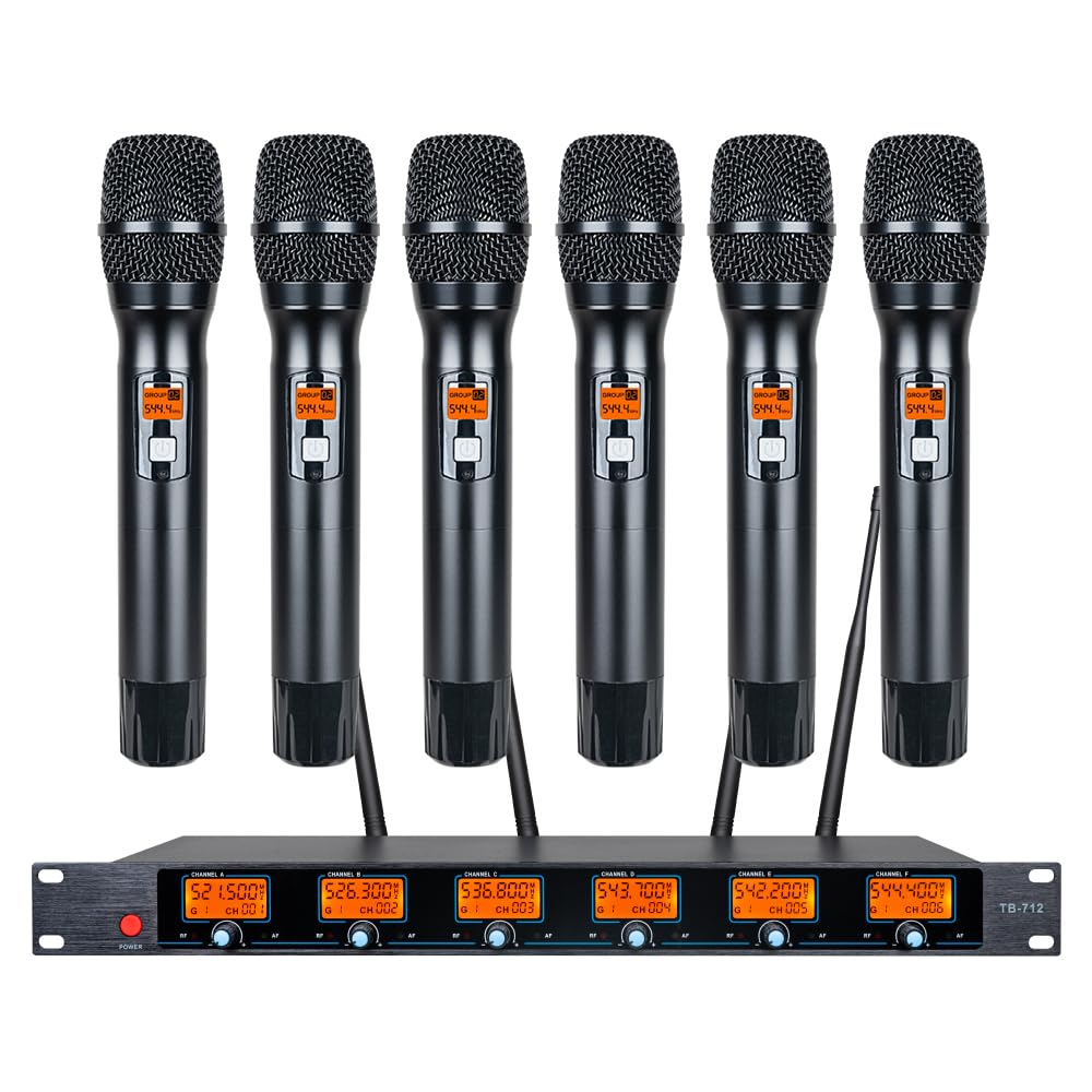 Tbaxo Wireless Microphone System 6-Channel Whole Metal Mic Hand-held Microphones UHF for Karaoke Wedding Party School Church