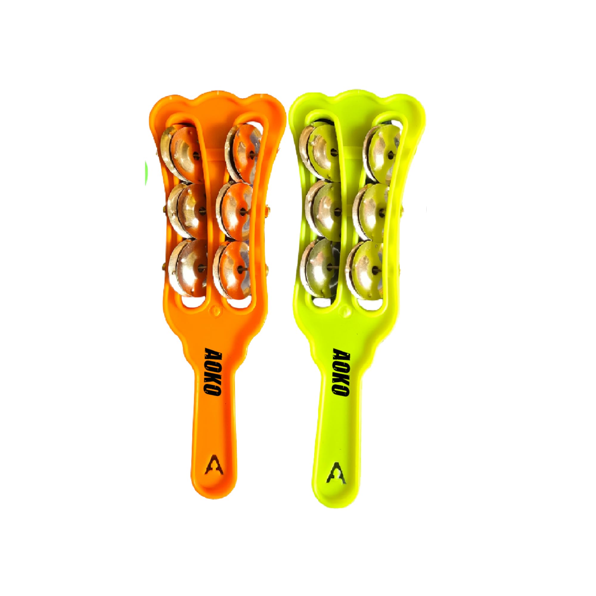 AOKO Professional Neon Kanjira Sleigh Bells,Jingles, Plastic Handle in Orange Red Yellow Pink, 28 CM Length, Hand Percussion Mus