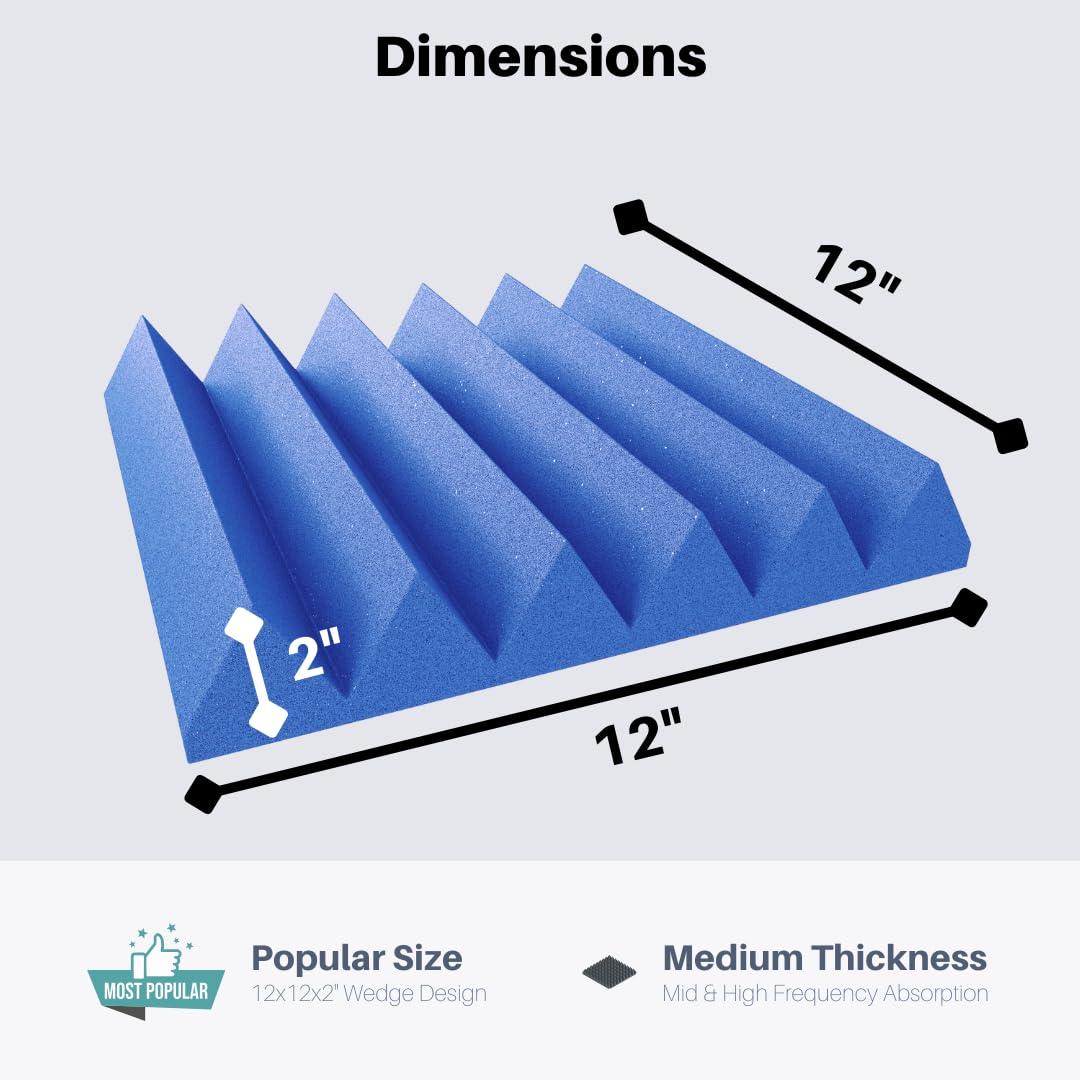 Soundproofing Acoustic Studio Foam - Blue Color - Wedge Style Panels 12   x12   x2    Tiles - 4 Pack