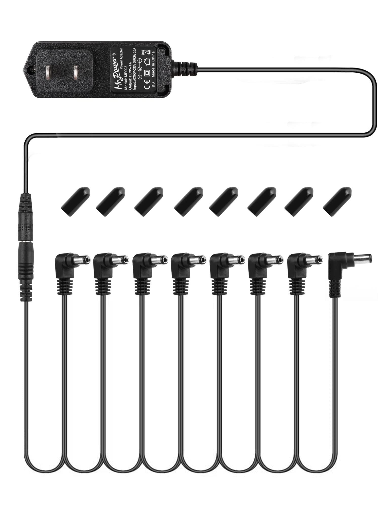 Mr.Power Guitar Effects Power Supply Adapter 9V DC 1A (1000mA) with Daisy Chain Cord Cable Free Insulated Cap (9V Adapter + 8 Wa