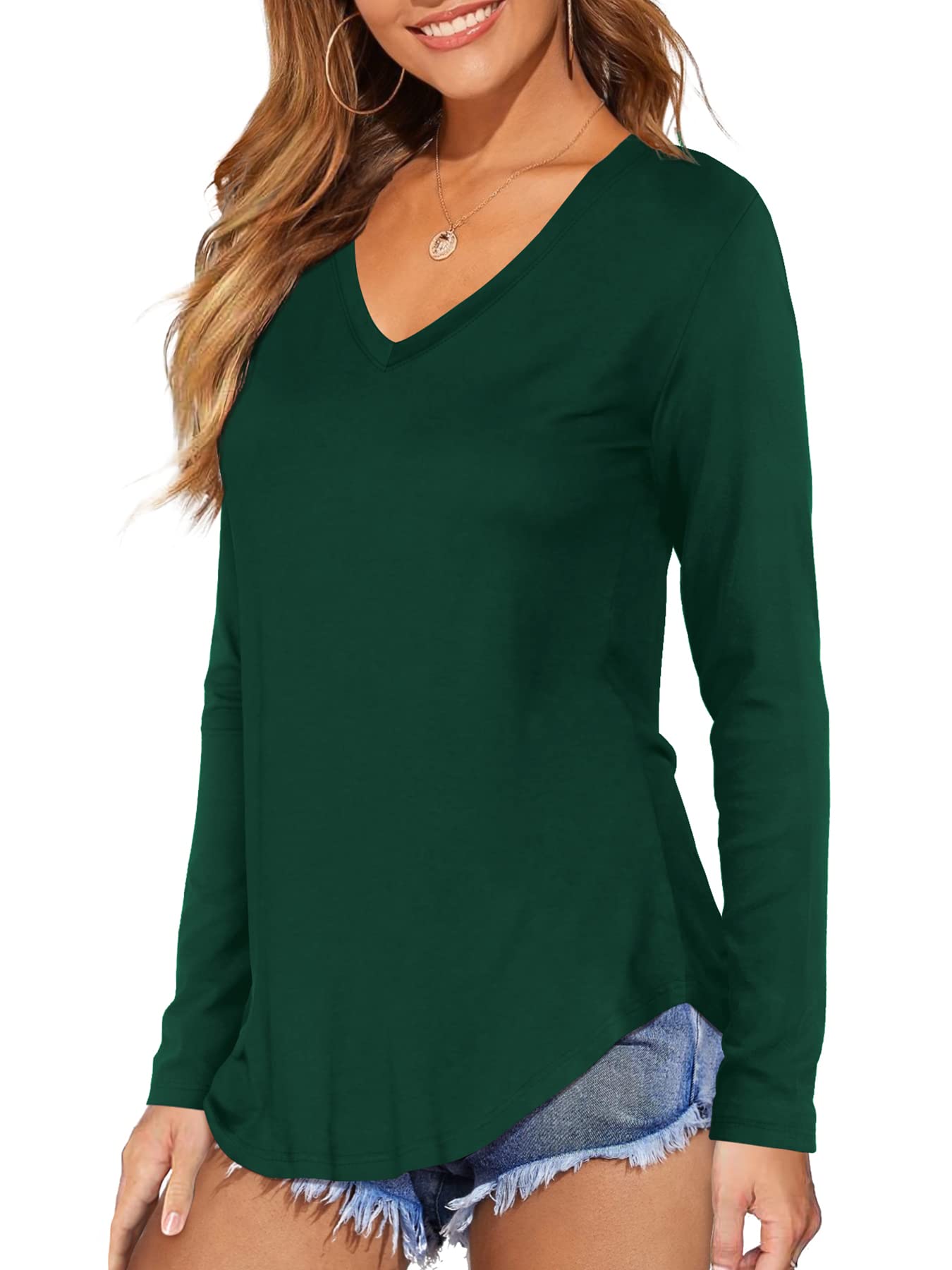 Dittyandvibe Women Long Sleeve V Neck Curved Hem Tunic Tops T Shirts (Dark Green,S)