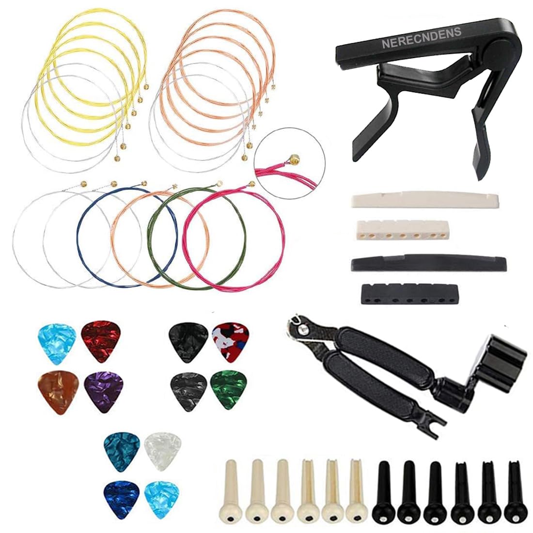 48Pcs Acoustic Guitar Accessories Kit, Guitar Strings Replacement Changing Tool Including Guitar Acoustic Strings, Picks, Capo,