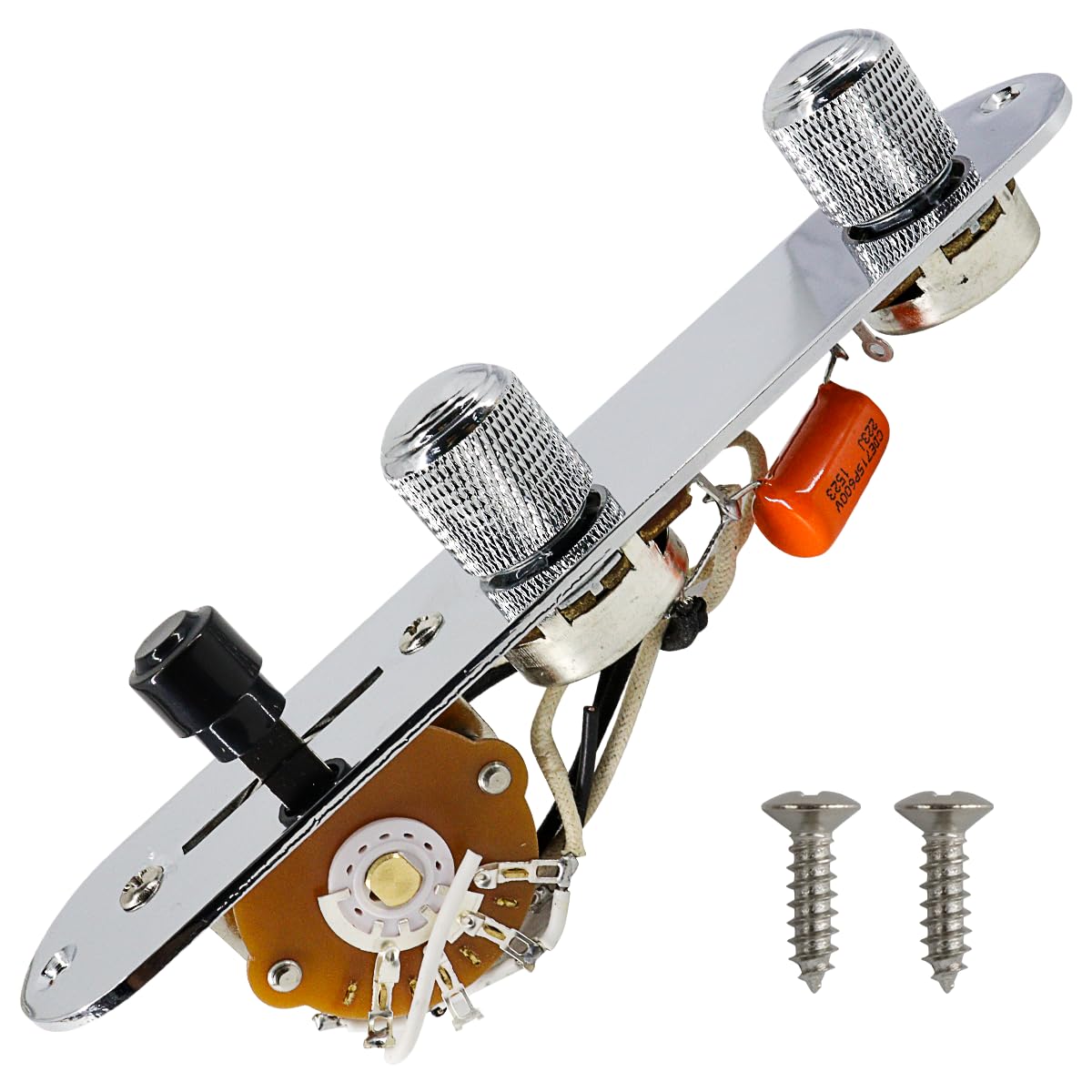 Domofa Fully Loaded Guitar Control Plate Prewired 3-Way Switch 250K Large Potentiometers Knurled Volume Tone Controls Knobs for 