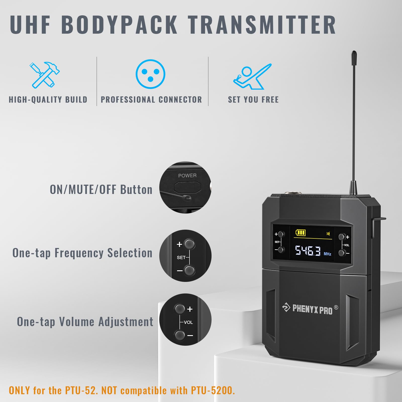Phenyx Pro PTU-52 Wireless UHF BodyPack Transmitter with 3-Pin XLR Jack & Selectable 30 Frequencies, Compatible with PTU-52 Wire
